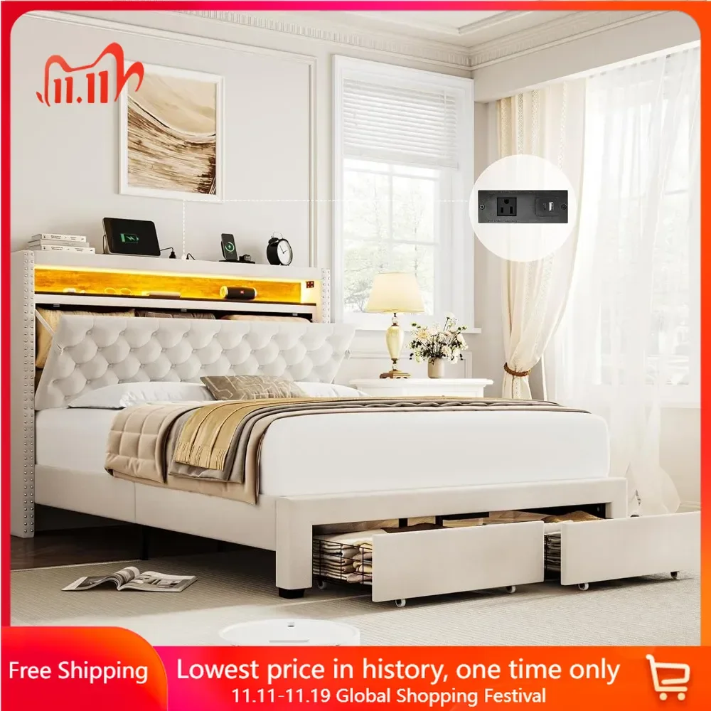 

Queen Size Bed Frame with Storage Headboard and Built-in Charging Station, Velvet Upholstered Platform Bed Frame Queen Size