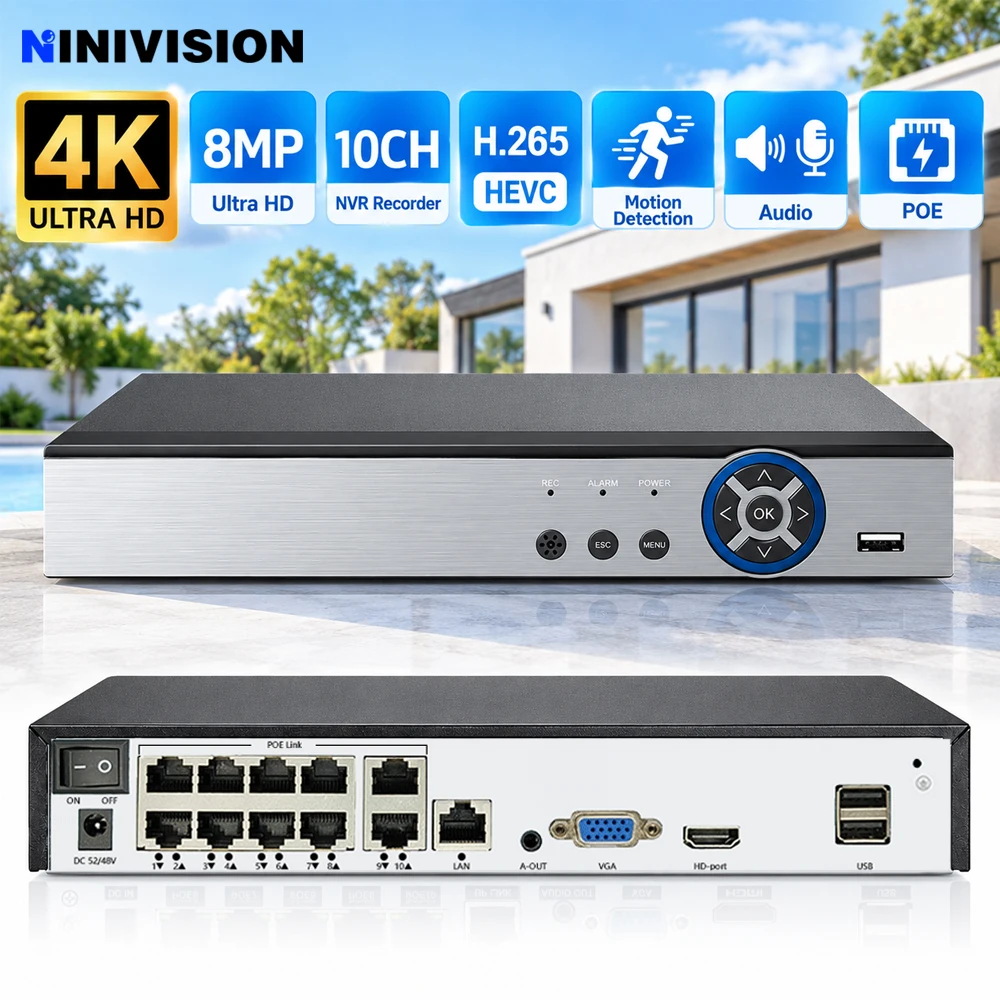 Security 10CH POE NVR 8MP 4K Network Video Recorder For IP Cameras H.265 Video Encoding Motion Detection Audio Home Surveillance