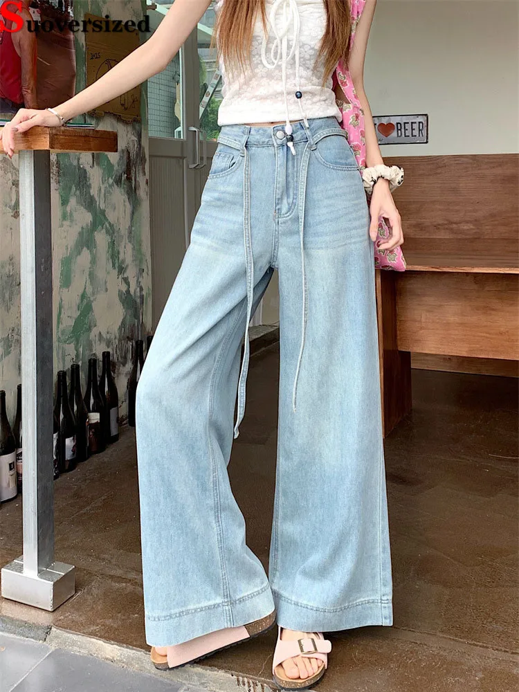 

Винтажные потертые джинсы на шнурке, женские повседневные широкие уличные брюки Vaqueros, мешковатые модные прямые джинсовые брюки с высокой талией