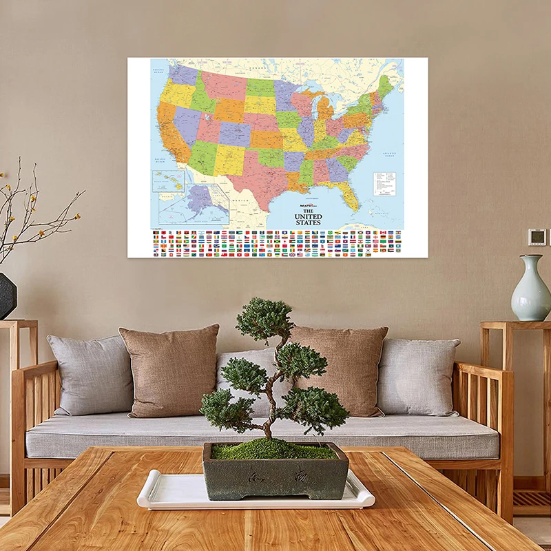 Retro Non-woven Fabric Map of The United States with Country Flag 120*80cm Room Office Decor Study Travel Supplies Art Poster