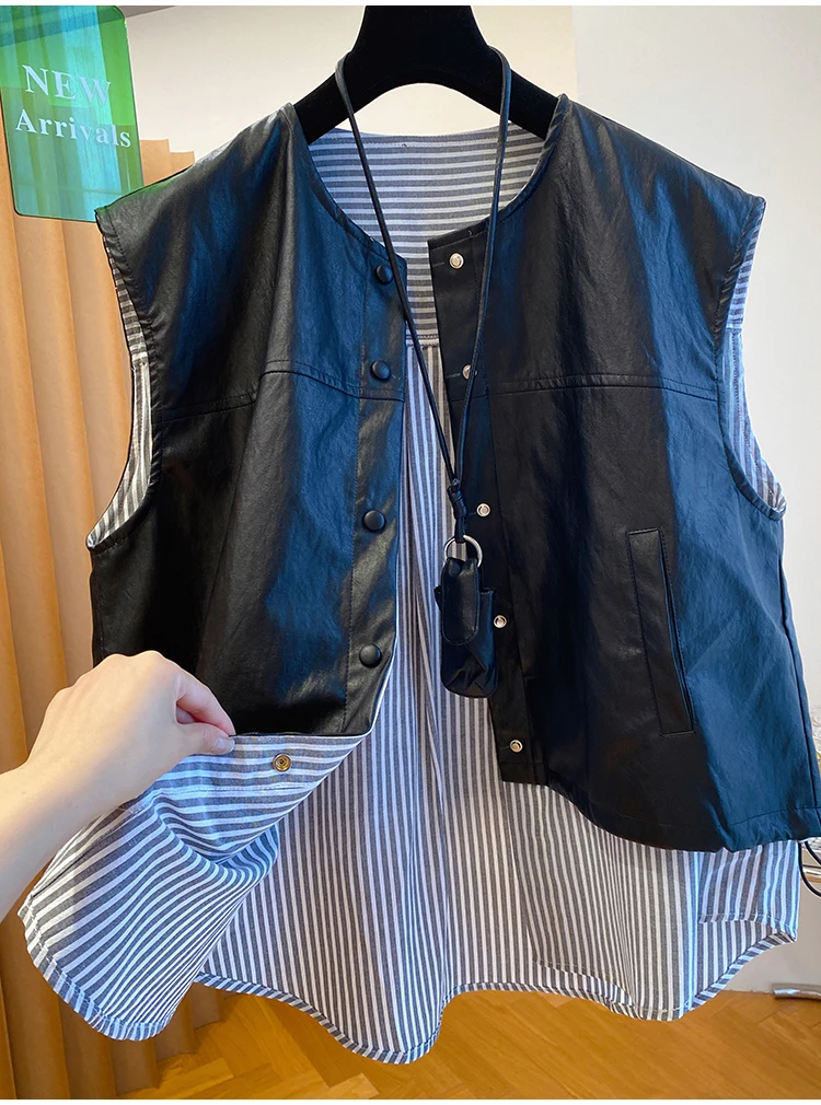 

Fashionable Patchwork Fake Two-Piece Leather Vest Women's Early Spring Loose Unique Design Sleeveless Shoulder Pad Top Trendy
