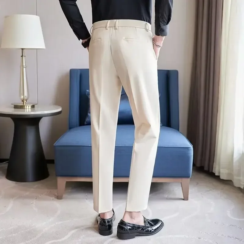 Men's Suit Pants Apricot White Black Slim Business Casual Nine-point Pants Straight Plus Size Trousers Office Social Wedding