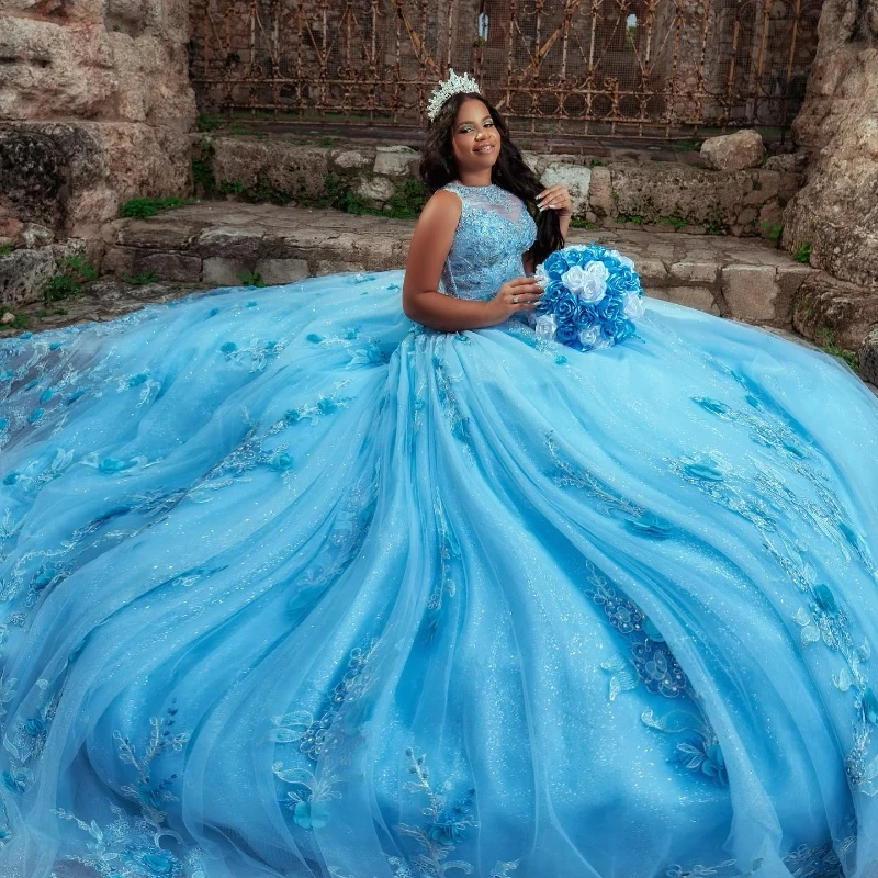 2024 Sky Blue Quinceanera Dresses 3D Flowers Appliques Beading Tull Sequins Ball Gowns Princess Graduation Vestidos De 15 Años