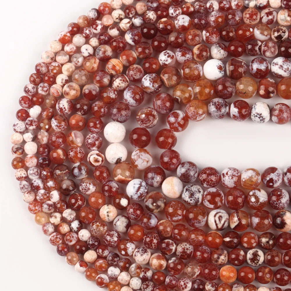 Natursteinperlen 6-10mm Rot-Weiß Feuerachat Runde Lose Abstandsperlen für Schmuckherstellung DIY Armbänder Ohrring-Zubehör