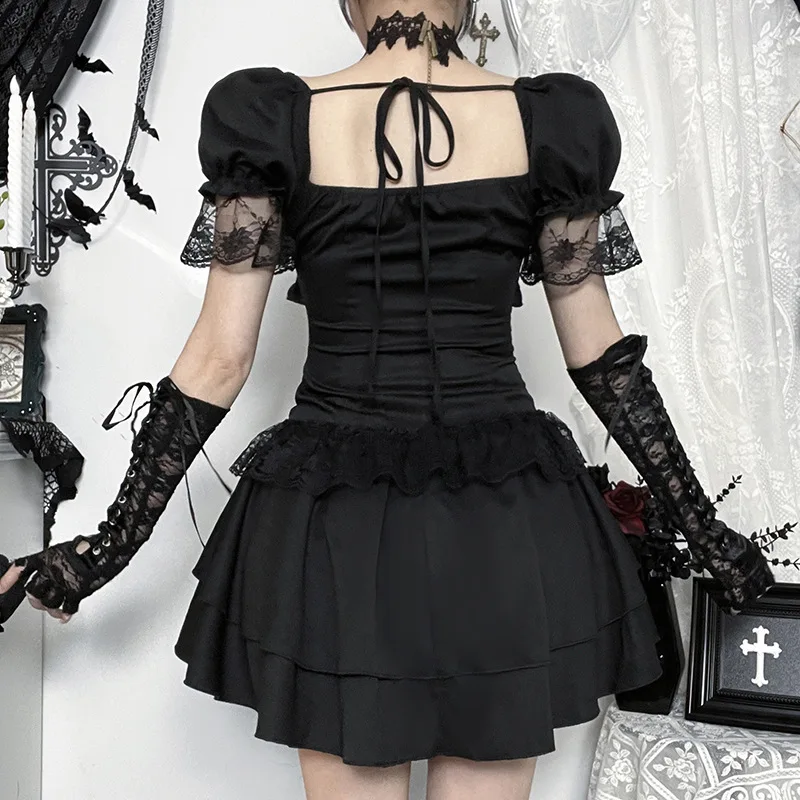 French Dark Style Gothic Big Bow Lolita Dress Women Vintage Short Sleeve  Backless Strappy Dress Harajuku Y2K Halloween Outfits - AliExpress 200000345