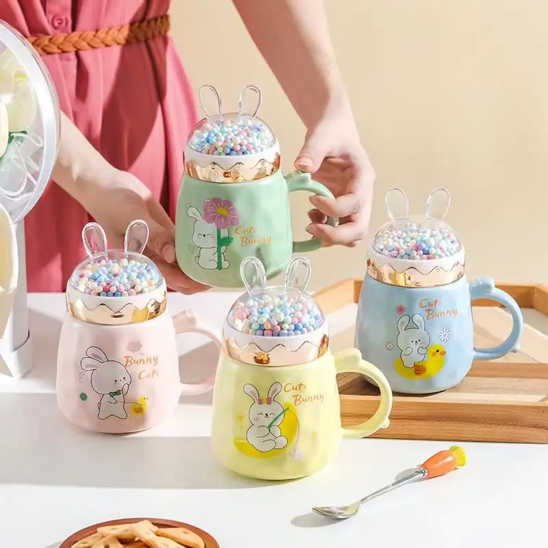 Ceramic Sealed Mugs with Rabbit Ear Lids Cute Korean Water Bottle Tea Coffee Cups Milk Breakfast Fresh Drinkware Tumbler Kettle