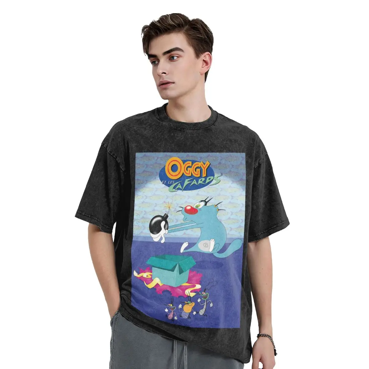 

Animation Anime Film Oggy And The Cockroaches Washed T Shirts Short Sleeve Hip Hop T-Shirt Streetwear Tops Tees for Men Women