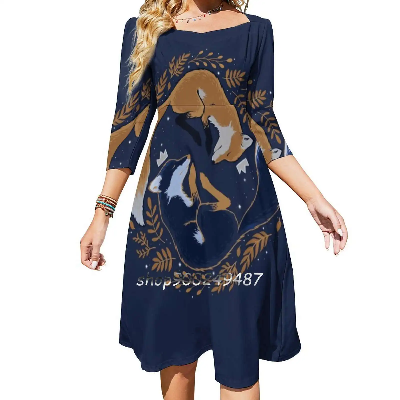 Night Foxes Square Neck Dress New Plus Size Elegant Women Waist Tight Dress Fox Night Forest Leaf King Golden Stars