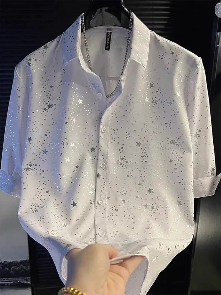 Summer 2026 Men's Fashionable Short Sleeve Shirt Star Pattern White Handsome Top Breathable Casual Style Youth Popular Shirt