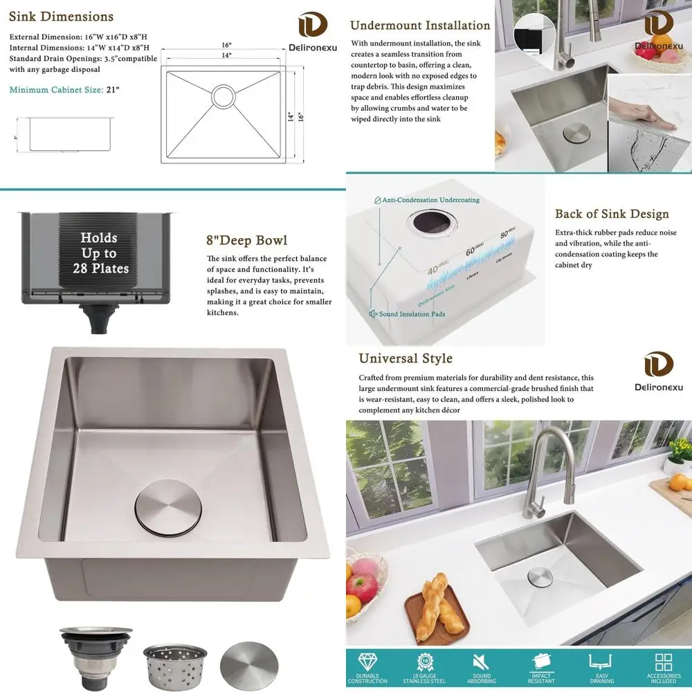 

Встраиваемая барная мойка 16x16x8 дюймов, нержавеющая сталь 18 калибра, квадратная, с одной чашей, для влажных баров, уличного использования, автодомов, зон подготовки.