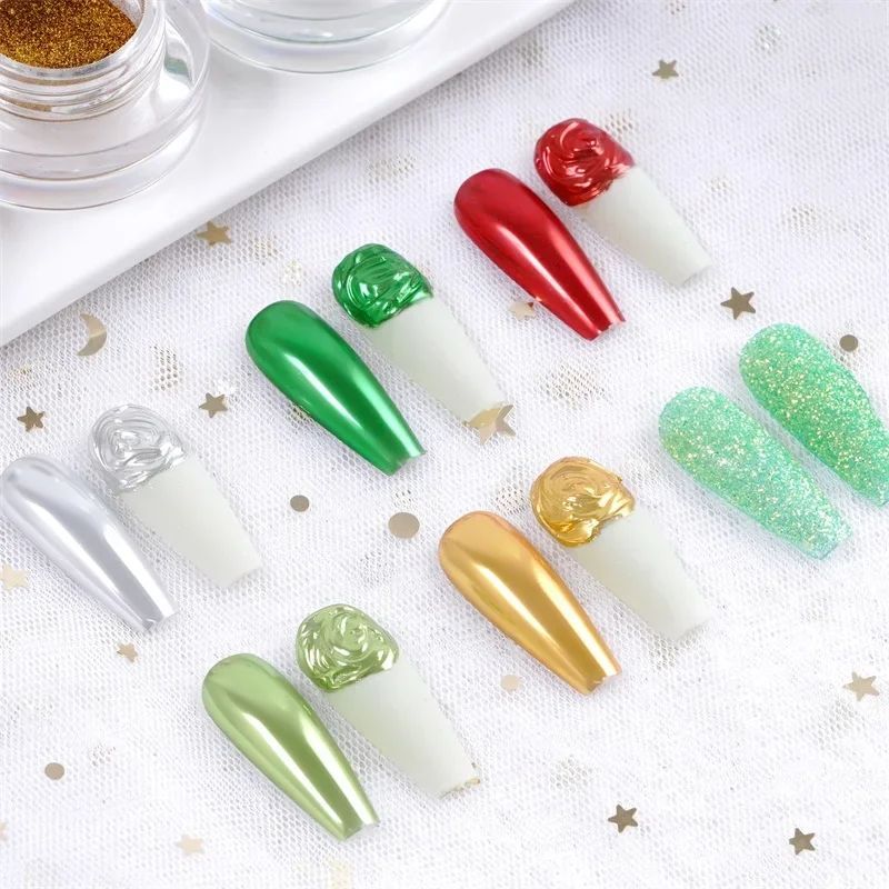 HNDO 6 Color Set Christmas Mirror Chrome Powder Nail Reflective Glitter for Nail Art Decoration Green Red Gold Pigment Dust