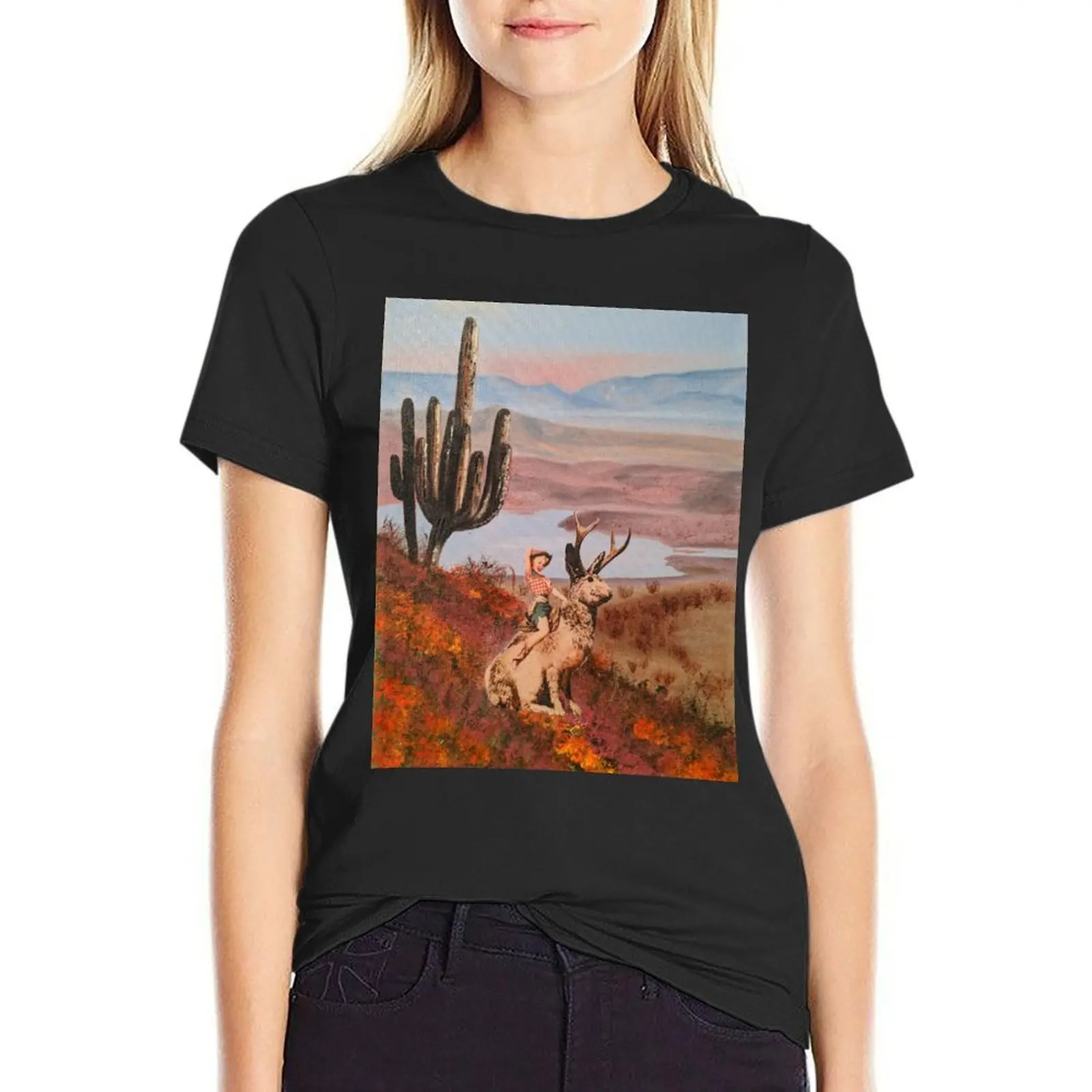 Pinup Jackalope Cowgirl T-Shirt tops lady clothes anime clothes oversized rock and roll t shirts for Women