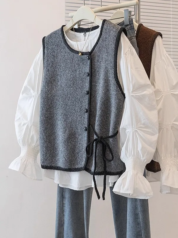 

plus Size Women's Grey Knitted Single Button Vest And Shirt Set Casual Style Spring Autumn Layering Fashion Two-Piece Suit
