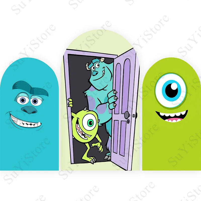 

Monsters Inc Arch Backdrop Kids Birthday Party Green Mike And Blue James Custom Photography Background For Photo Props