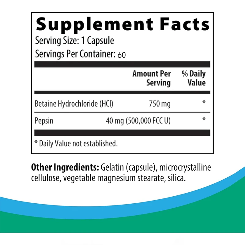 Containing 750 Milligrams of Betaine HCl and 50 Milligrams of Pepper for Digestion Support -60 Capsules