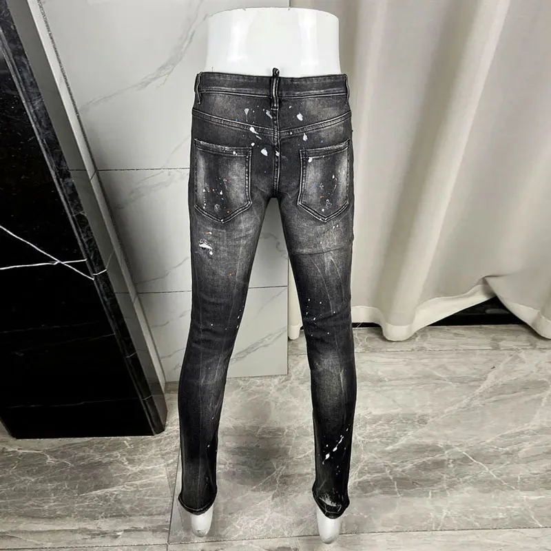 Y2k fashion new men's jeans painted, washed, distressed, elastic, slim fit black jeans, high street hip-hop brand pants, hombre