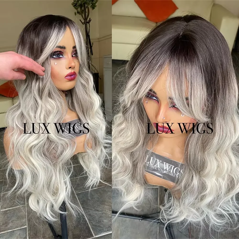 

28 Inch Balayage Ash Blonde Wig with Smudge Root Fringe Natural Wave Everyday Wig for Women with Bangs Synthetic Lace Wigs