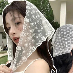 Korean Triangle Headscarf Lace Flower Summer Women Girls Ins Sweet Cute Head Scarf Travel Versatile Hair Scarf Fashion Accessory