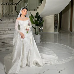 Customized Detachable Train 2 In 1 Wedding Dresses 2026 Off Shoulder Long Sleeves Lace Appliques Bride Gowns Vestido De Novia