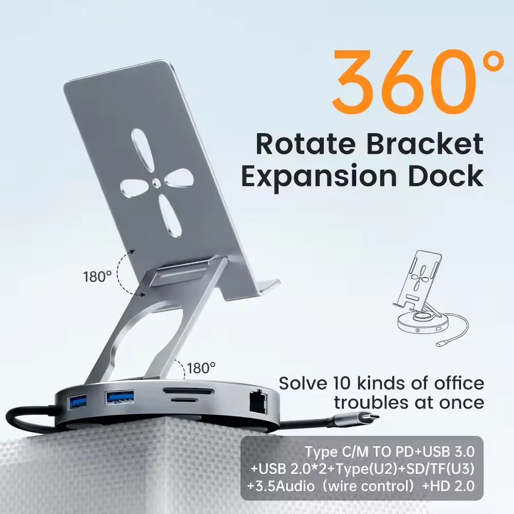 

JSCU Usb C Docking Station with Phone Stand, USB C Hub for Smart Phone with HDMI, SD/TF, PD, RJ45, USB 3.0/2.0, Audio