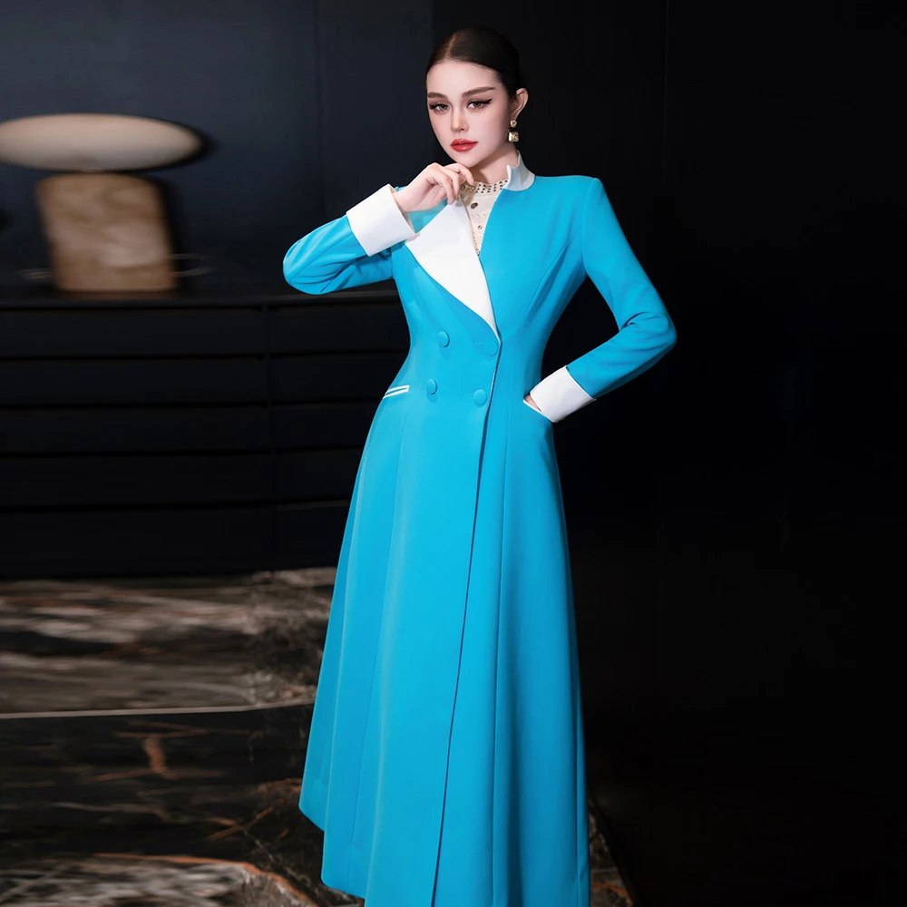 

ZJYT осень-зима элегантный длинный плащ для женщин хитовый цвет двубортная куртка пальто плюс размер пальто женская верхняя одежда синий