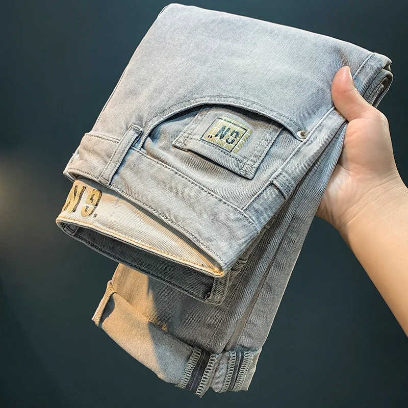 2024 NEW Summer Thin Men's Jeans 2024 New Smoky Gray Slim Fashion Korean Style Printed Mid Waist Casual Men's Trousers