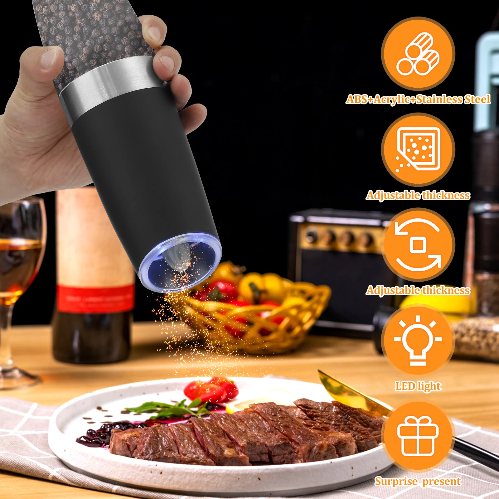 Sea Salt and Pepper Grinder Glass Salt and Pepper Shakers Stainless Steel Kitchen Electric Automatic Pepper Mill Salt Grinder