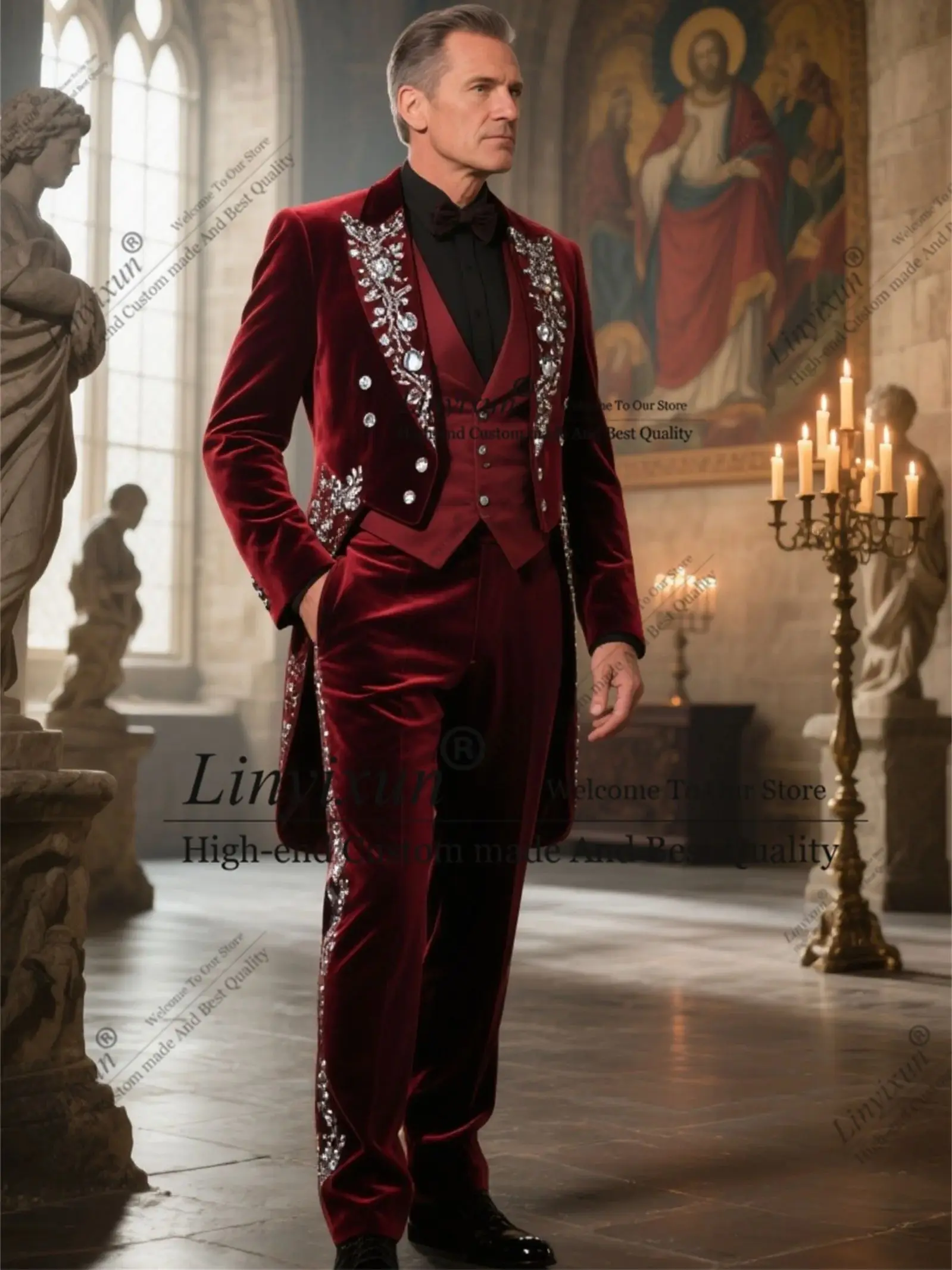 Gentleman's design Beaded Men Suits 3 Pieces Groom Tuxedos Customized Party Prom Blazer Slim Fit Dinner Wedding Costume Homme