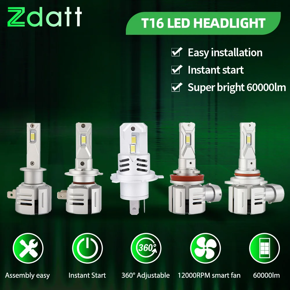 Zdatt LED Car Headlights H7 H4 H1 HB3 9005 HB4 9006 H8 H11 Built Canbus 6000K Super Bright 60000LM 150W 12V Turbo CSP LED Chips