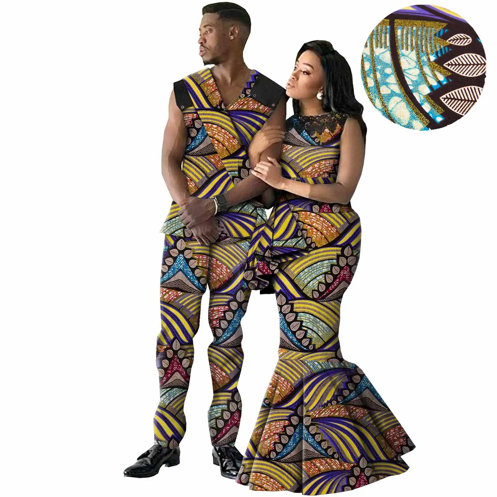 Roupas africanas para casais, roupas dashiki, mulheres, estampa sereia, vestidos longos, combinando, masculino, conjuntos de top e calça, bazin rico a21c001
