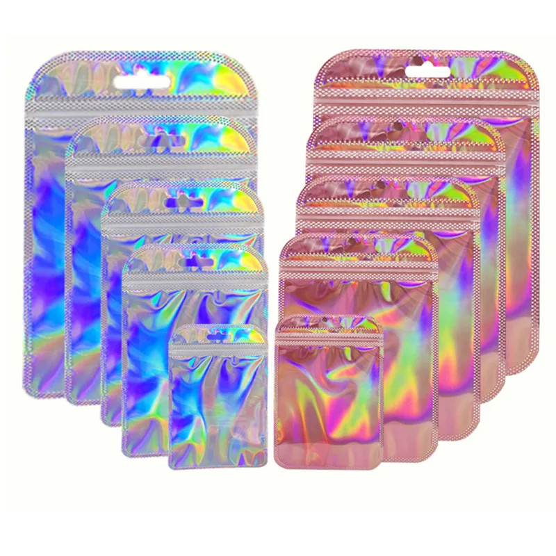 50pcs/lot Pink Laser Ziplock Bags Plastic Transparent Bags Sealing for Jewelry Packaging Cosmetic Retail Display Bags