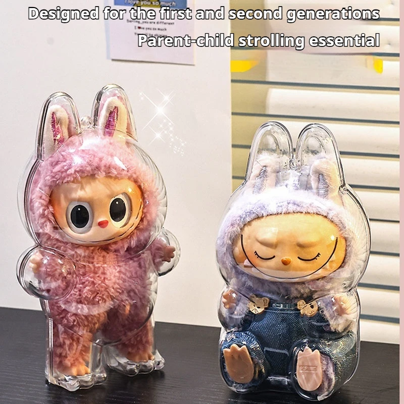 Capa protetora transparente labubu grossa e resistente a quedas, capas protetoras de armazenamento à prova de poeira de primeira e segunda geração