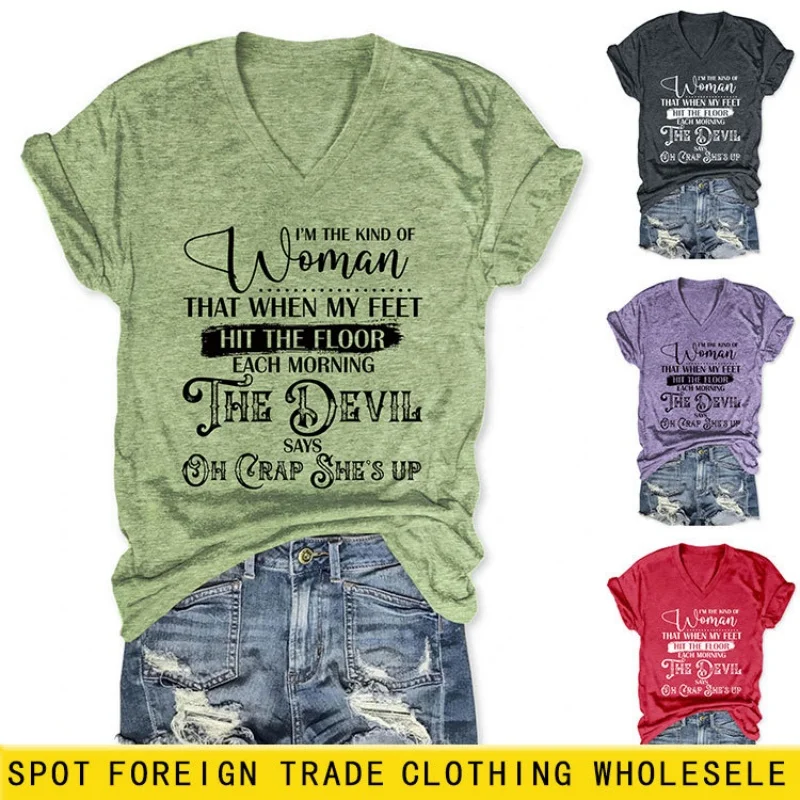 

American-style fashionable high-end printed summer short-sleeved V-neck stylish and loose T-shirt for women