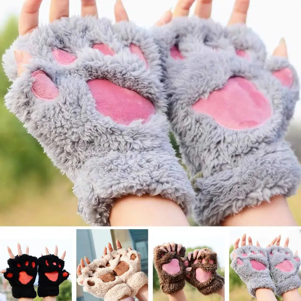 

Wear-resistant Gloves Cozy Plush Cat Paw Claw Gloves for Women Cute Winter Kitten Mittens Warm Non-slip Fingerless for Office