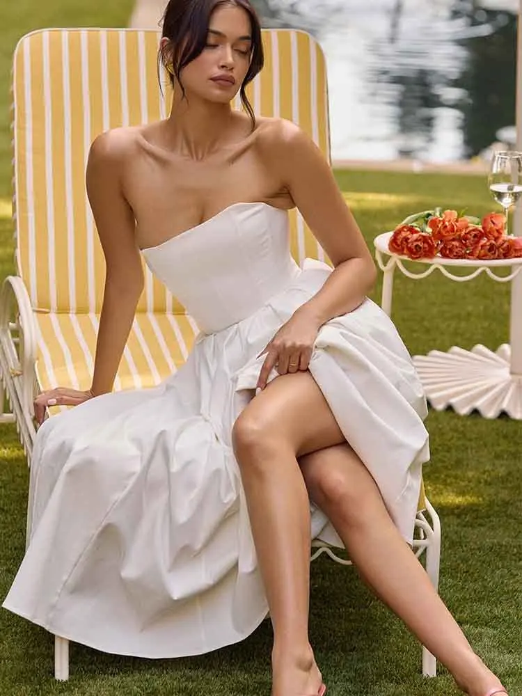 NIDANSSI Strapless Lining Pleated 이브닝 파티 드레스 여성 가운 Backless 우아한 섹시한 드레스 Bodycon Long Summer Dress Vestidos