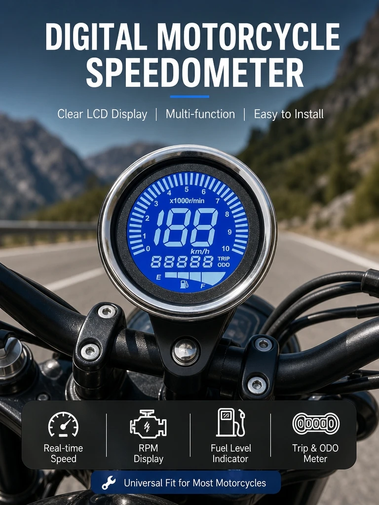 12V Motorcycle Retro Speedometer 7 Color Backlight Digital Odometer Tachometer Fuel Gauge Universal Modified Instrument
