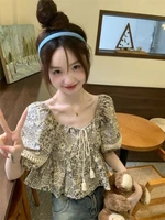 Novel National Attractive Tunic Women French Summer Neck Patchwork Frill Cropped Sleeve Young Look