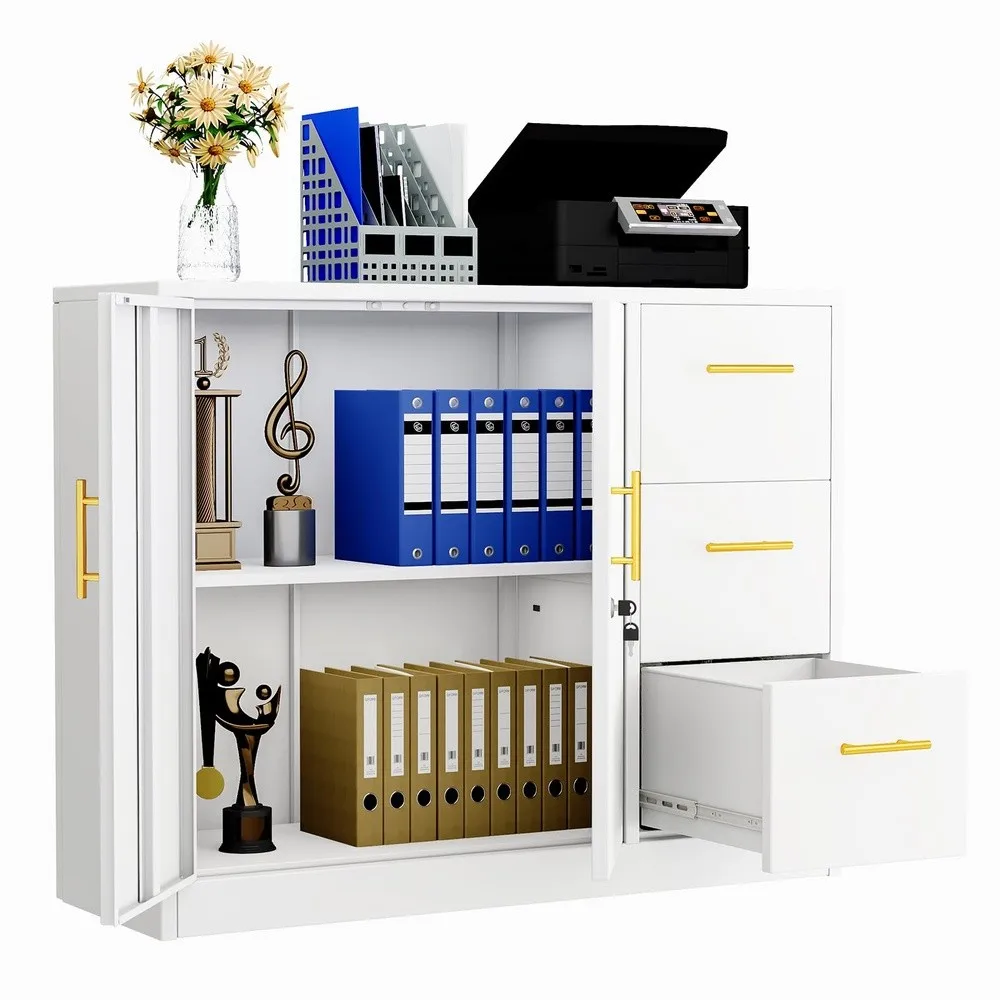 3 Drawer Lateral File Cabinet Lockable Metal Fireproof Storage Cabinet