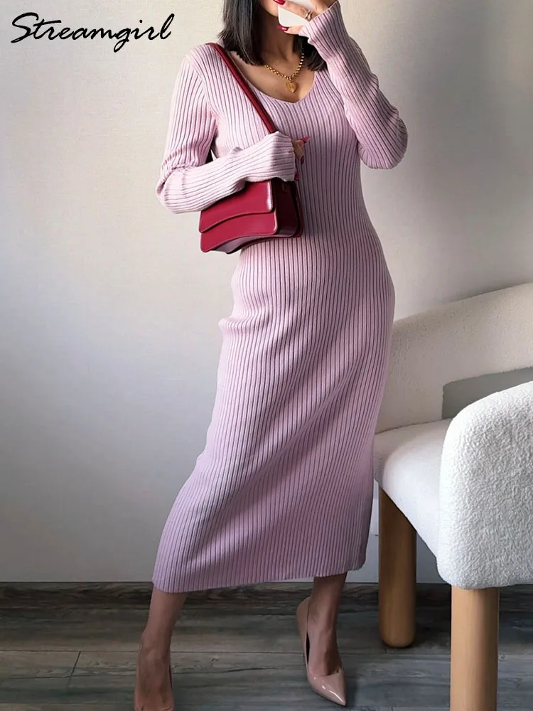 V Neck Knitted Dresses Women Autumn Winter Long Sleeve Slit Sweater Dress Long Straight Outwear Light Blue Women's Dresses Lady