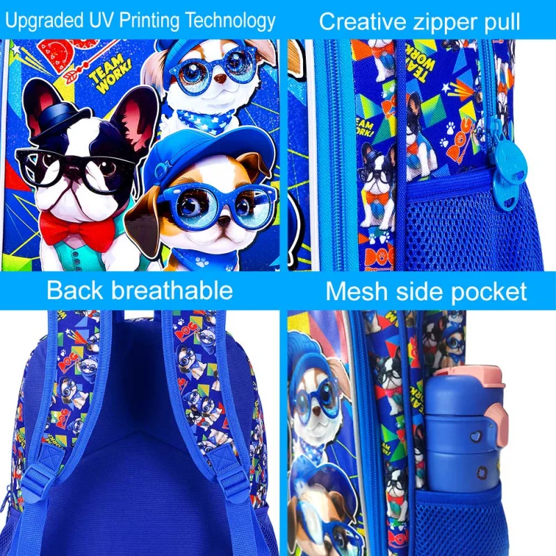 حقيبة ظهر للأولاد مكونة من 3 قطع، حقيبة كتب للأطفال مقاومة للماء مع صندوق غداء، حقائب ظهر لمرحلة ما قبل المدرسة مقاس 16 بوصة للأطفال الابتدائية - 3 * كلب أزرق