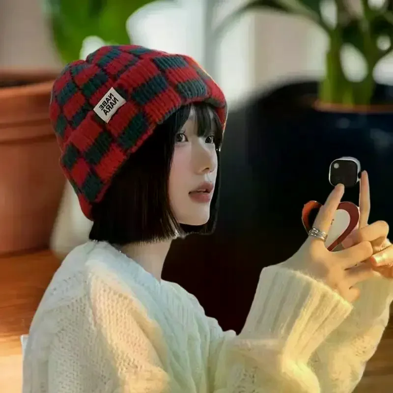 رقعة الشطرنج منقوشة متماسكة بيني للنساء الشتاء الكورية محيط الرأس الكبير البلوز قبعة قبعات الرجال اليابانية الرجعية #5