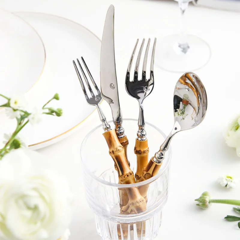 20Pcs Creative Nature Bamboo Cutlery Set 304 Stainless Steel Steak Cutlery Tableware set Spoon and Fork Bamboo Silverware