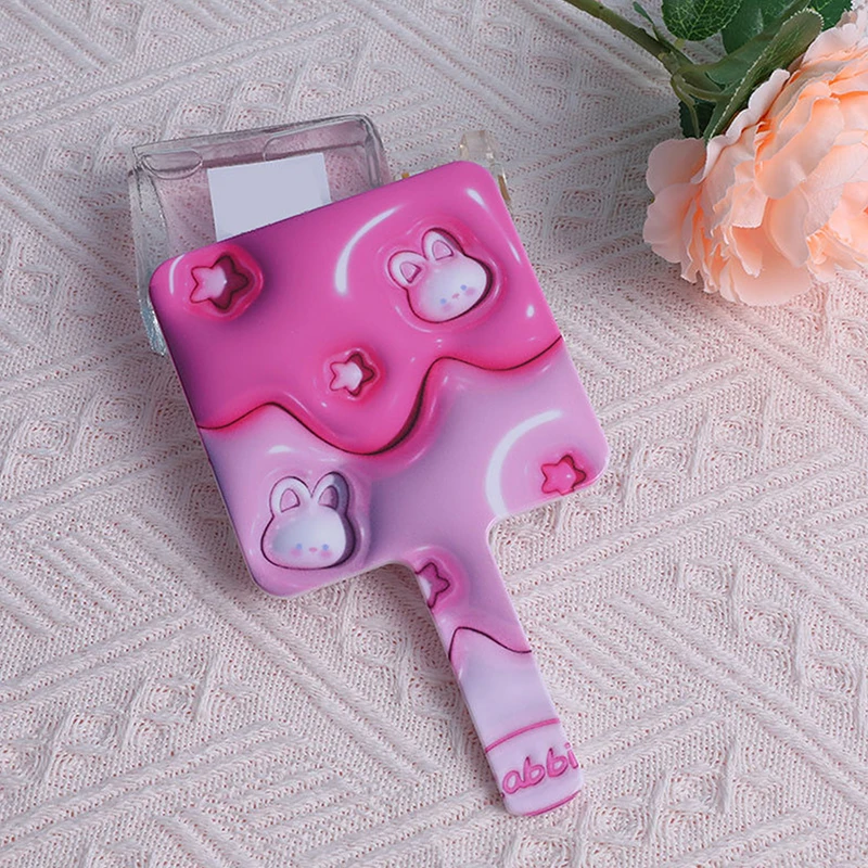 손잡이가 달린 귀여운 만화 토끼 사각형 메이크업 거울, 핸드헬드 메이크업 거울, 스파 살롱 컴팩트 거울, 화장품 거울