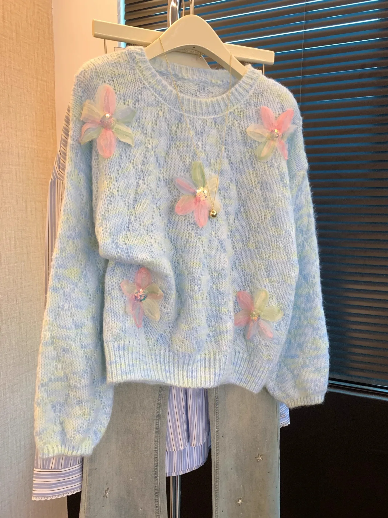 

Синий длинный вязаный свитер Sve, женский осенне-зимний новый мягкий топ без головы, свободный крой, круглый Ne