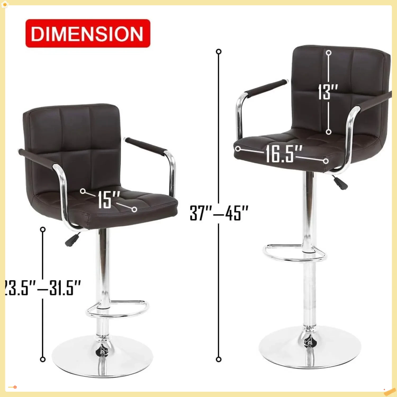 Juego de 2 taburetes de bar giratorios ajustables modernos, taburetes de mostrador de cuero PU con reposabrazos para bar de cocina y pub en casa