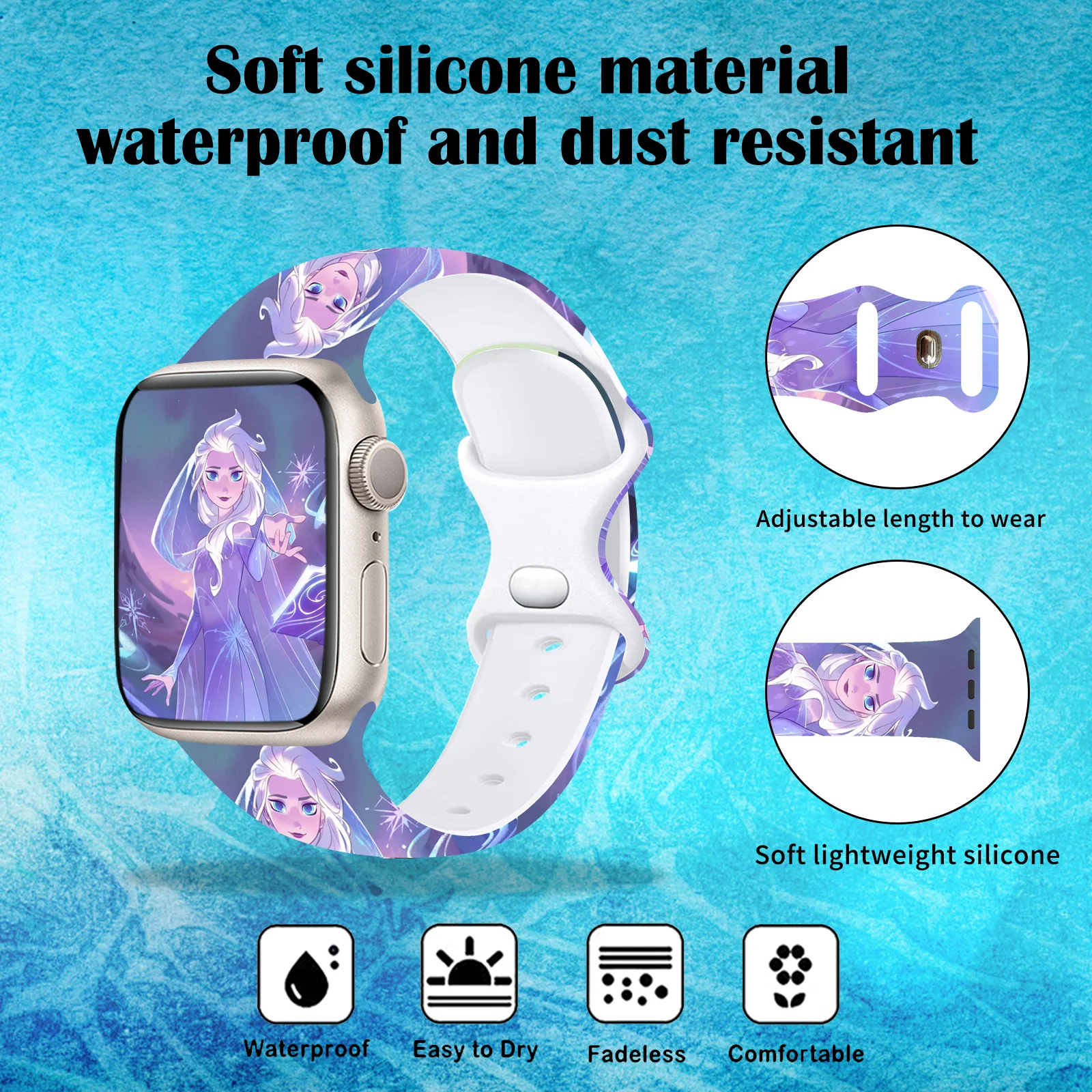 Disney Frozen 2 Silicone Printed Strap for Apple Watch 10 9 8 7 Band Replaceable Bracelet for iWatch 46mm 45mm 44mm 42mm 41mm