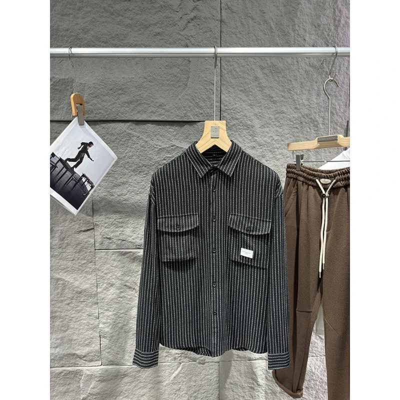 

Men's Versatile Black Striped Long-sleeved Shirt Work Jacket