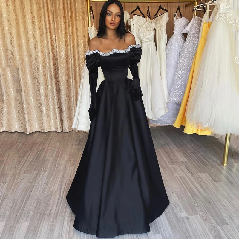 

Thinyfull Formal A-Line Prom Evening Dresses Black Pearls Party Dress Off The Shoulder Saudi Arabia Cocktail Gowns Custom Size