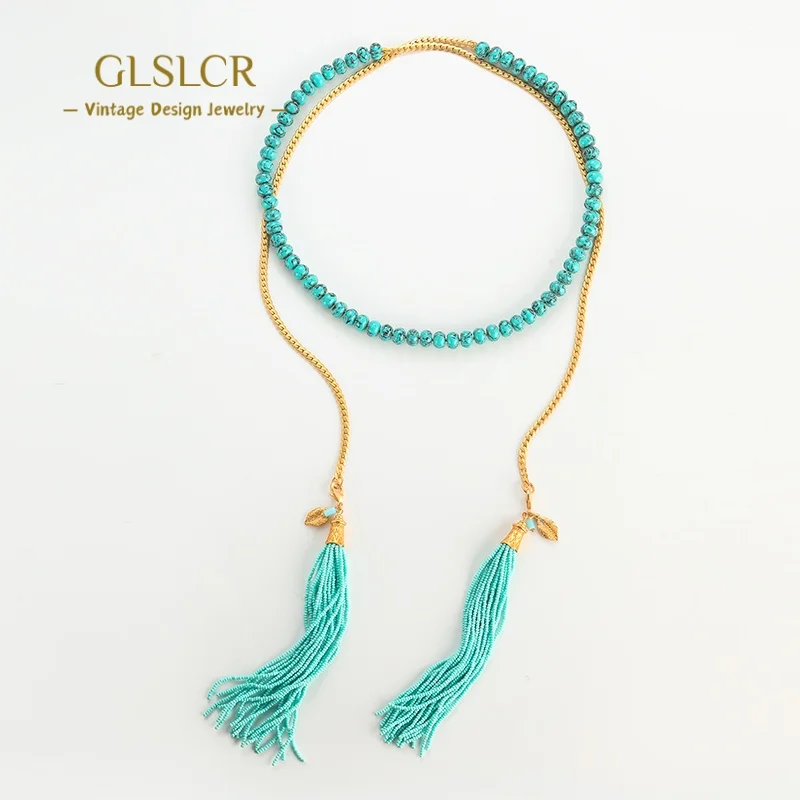 

Vintage Blue Turquoise Layered Beaded Necklace Tassel Gold Color For Women Accessories Luxury Designer 2025 Christmas Vacation