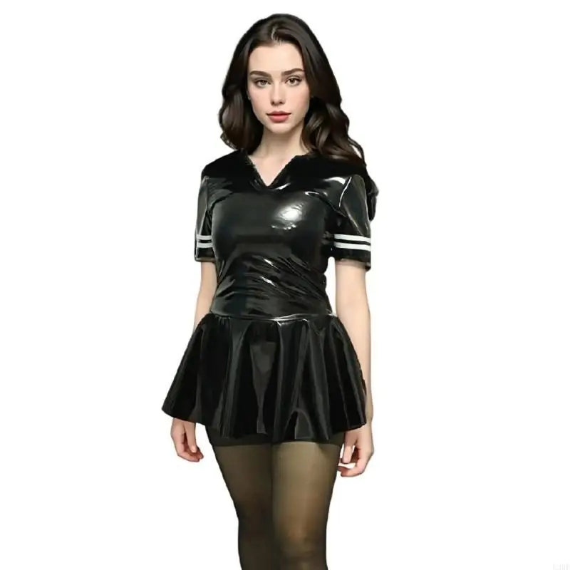 

L38E Pu Bodycon Мини-платье с коротким рукавом Платье трапециевидной формы Металлические платья для косплея